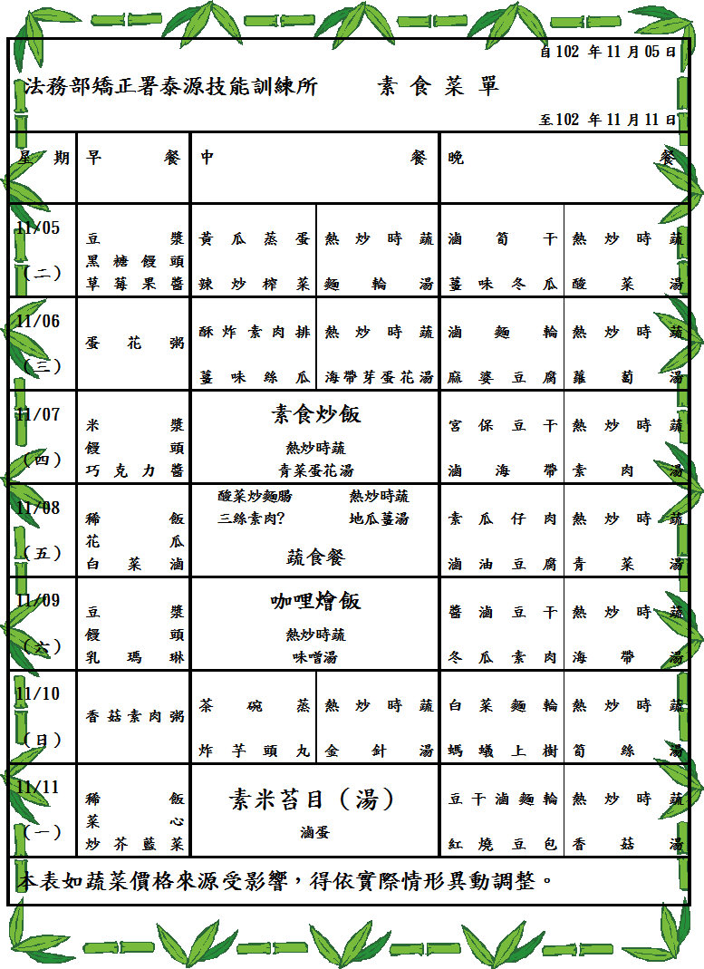 102.11.05~11.11收容人伙食菜單(素) 