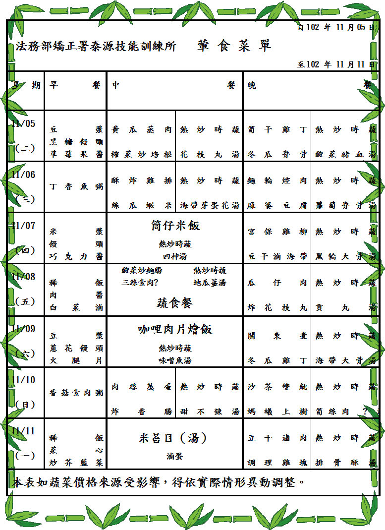 102.11.05~11.11收容人伙食菜單(葷) 