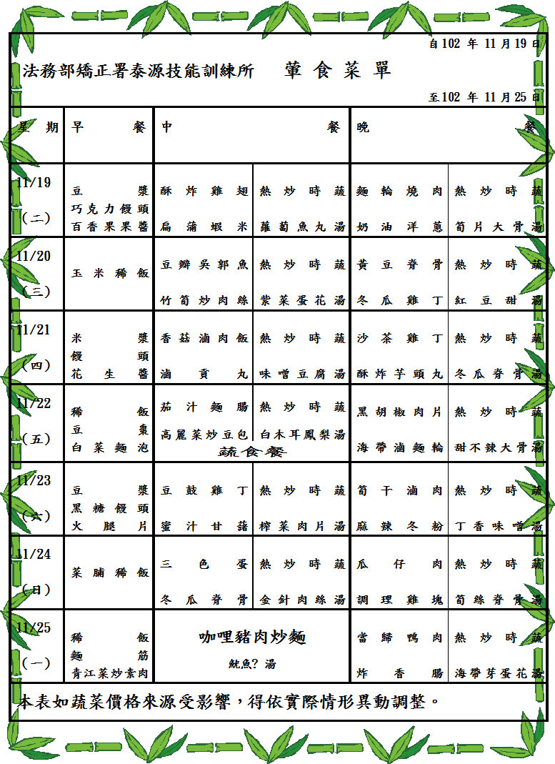 102.11.19~11.25收容人伙食菜單(葷) 