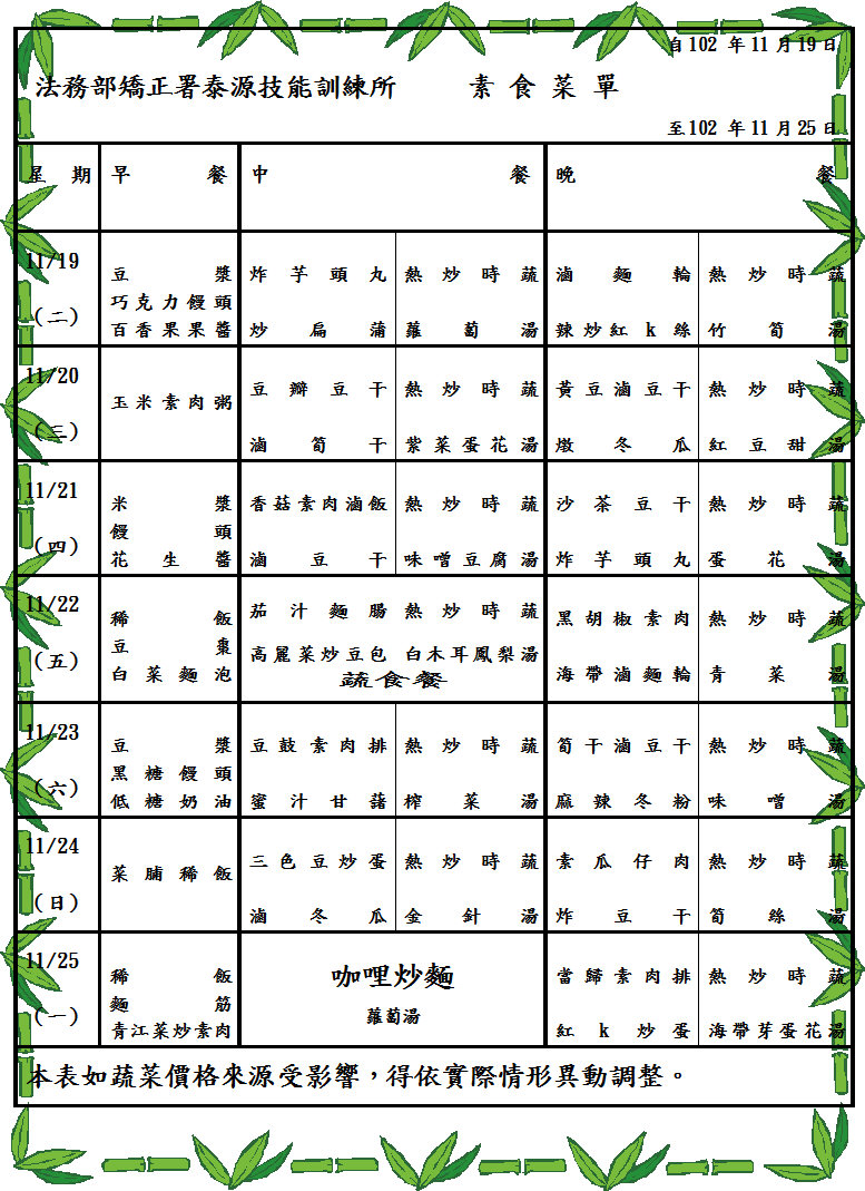 102.11.19~11.25收容人伙食菜單(素) 