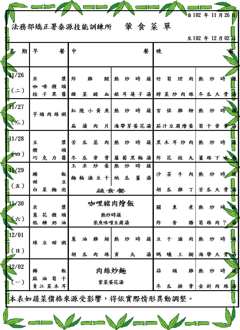 102.11.26~12.02收容人伙食菜單(葷) 