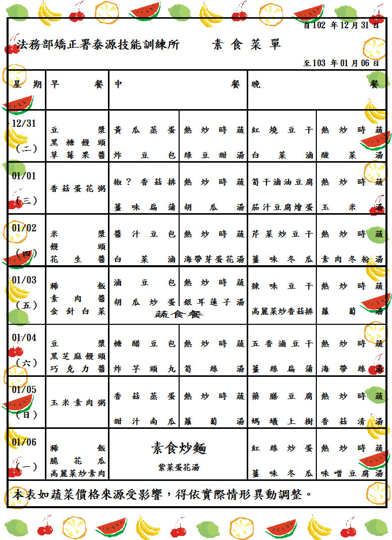 102.12.31~102.01.06收容人伙食菜單(素) 